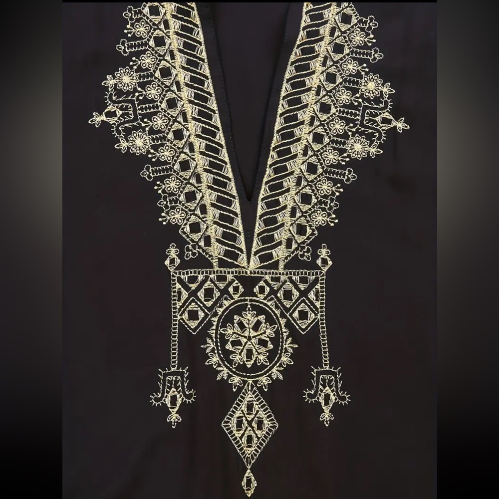 Elegant Black Gold Embroidered Kaftan Cover Up Maxi Dress - Picture 2 of 13
